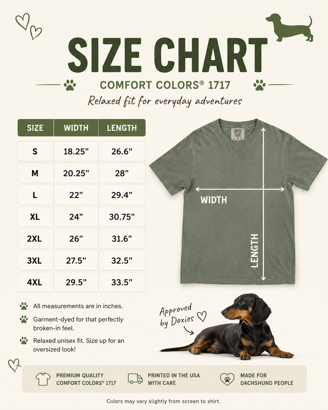 Doxie Tee Comfort Colors 1717 size chart