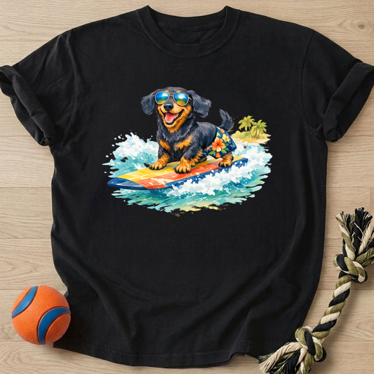 Surfing Dachshund T-Shirt – Black t-shirt